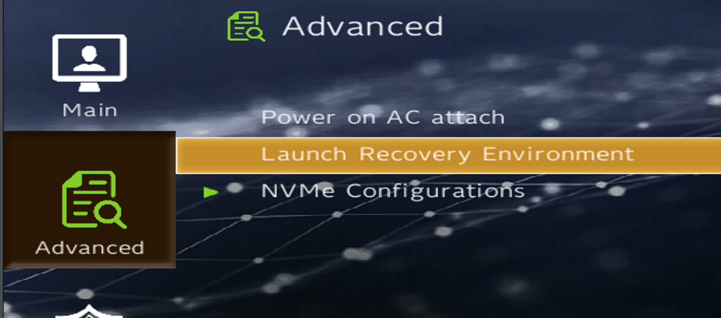 BIOS Advanced menu showing Launch Recovery Environment